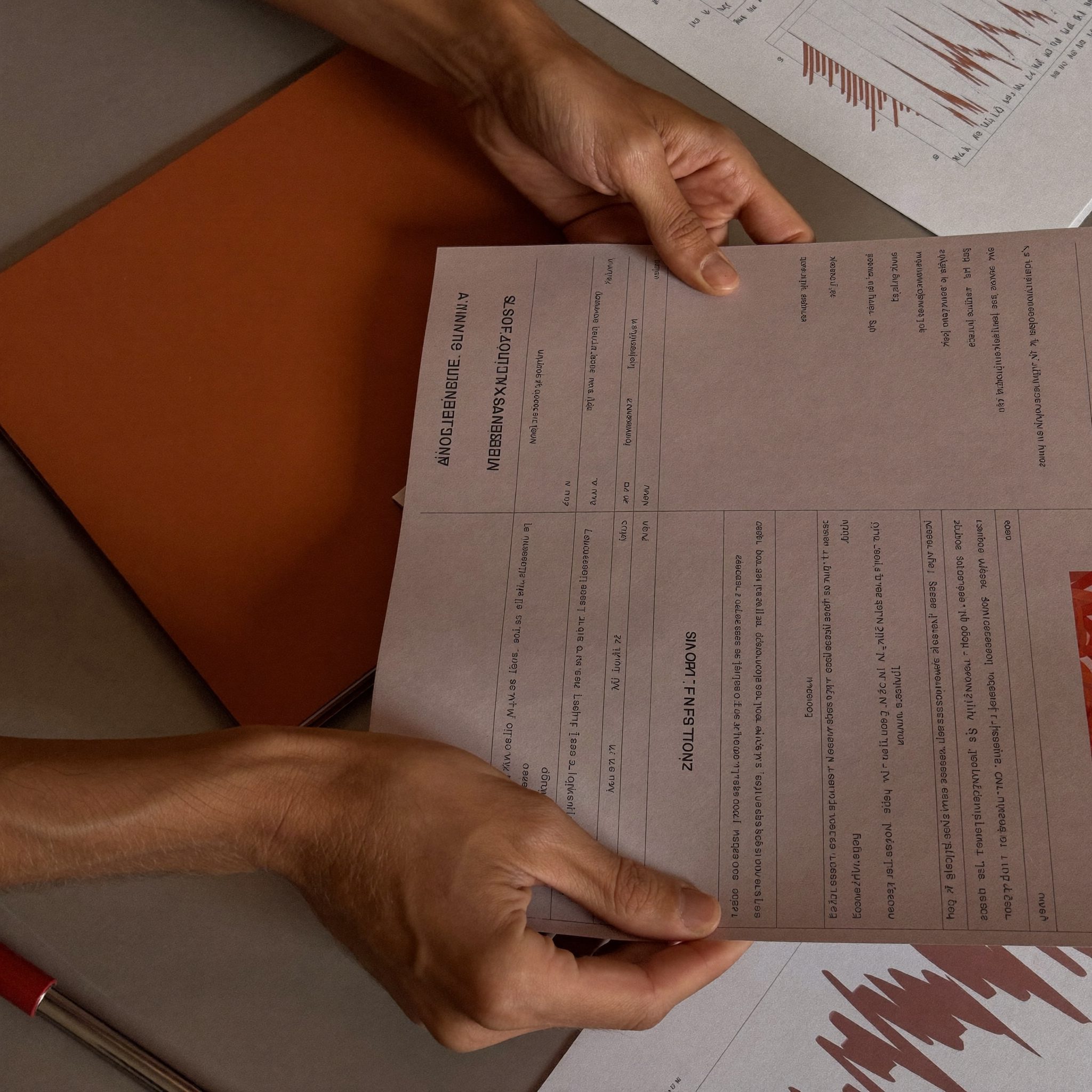 Hands reviewing financial charts and documents on a laptop